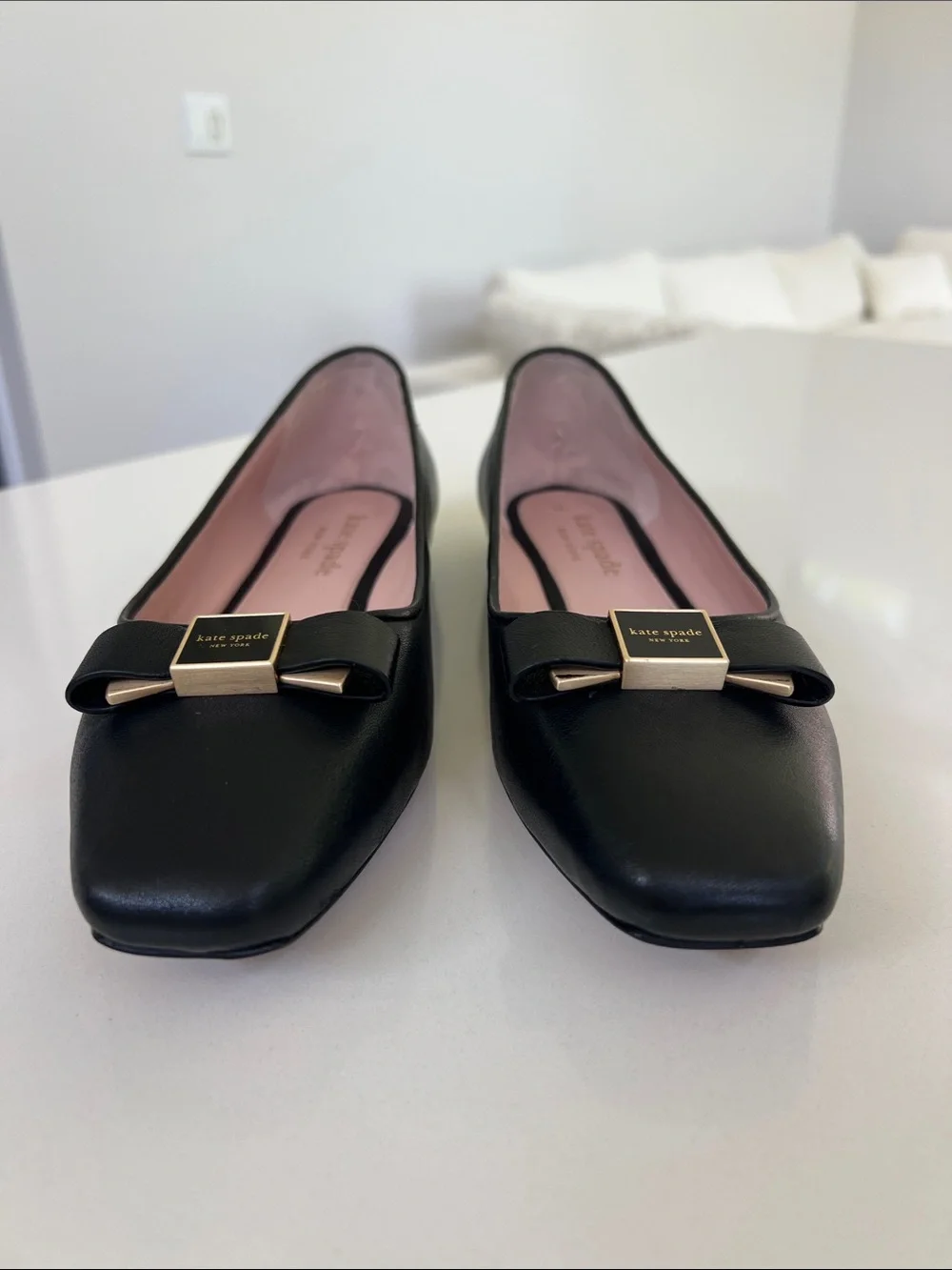 Kate Spade bowdie ballet ballerina black leather bow flats gold tone hardware